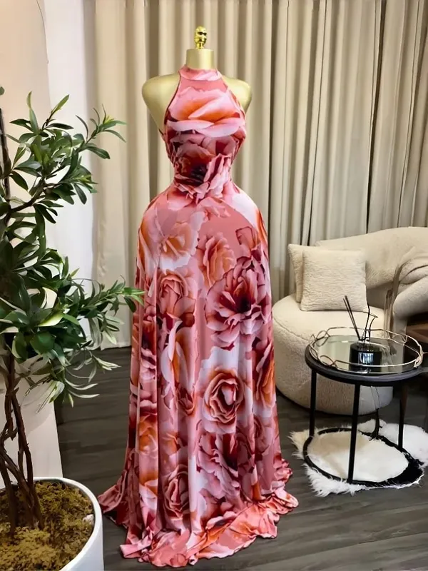 Feminino impresso sem mangas com faixas ajuste e alargamento a linha maxi vestido 2026 streetwear praia férias vestidos longos — image 12