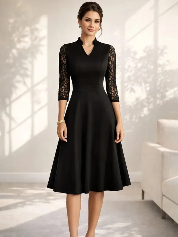 Women Sexy V-Neck Lace 2/3 Sleeve Summer Work Office Knee Length Base Show Thin Temperament Fit And Flare Swing A-Line Dress