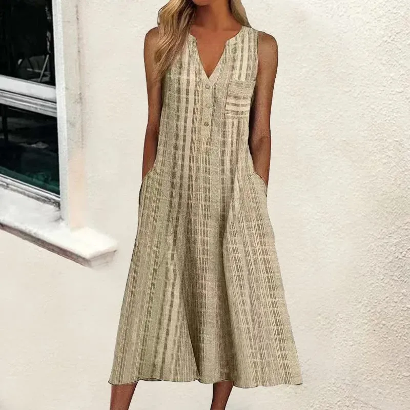 Summer New Women's Dresses V-Neck Sleeveless Button Loose Striped Print With Pocket Casual Beach Dresses