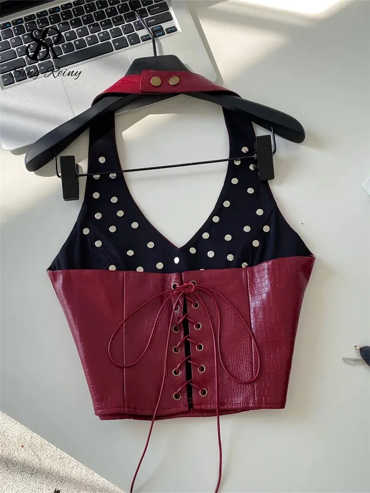 Halter Rivet Hotsweet Tops Women Lace Up Slim Texture Summer Clubwear Tank Top PU Leather Backless Sensual Retro Camis — image 4