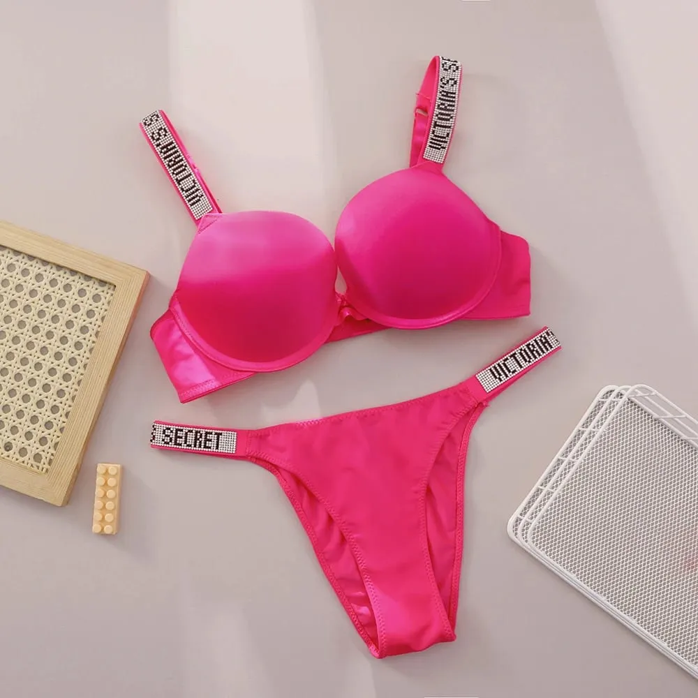 Victoria Secret Sexy Women Underwear Very Sexy Logo Shine Strap Push Up Bra Shine Script Thong Panty Set Hot — image 10
