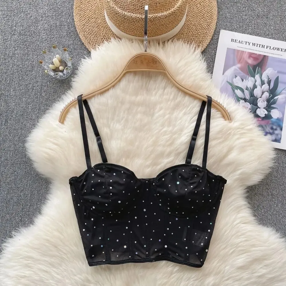 Fashion Black Mesh Crop Top Crystal Hollow Out Sexy Tank Top Camisole Sleeveless Women Short T-shirt Girls — image 3