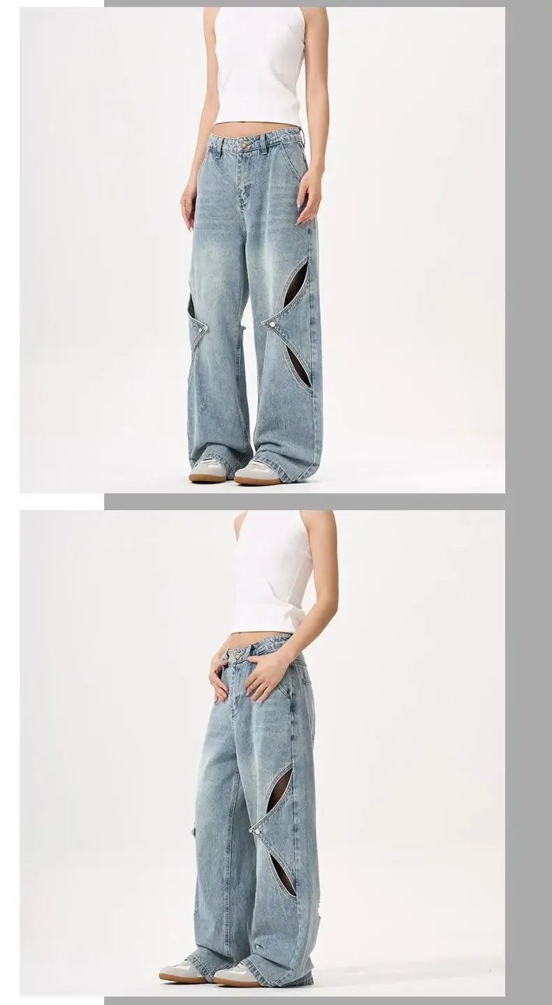 2025 New American style patchwork structure denim pants with holes men's and women's loose wide leg unisex straight leg jeans — image 8