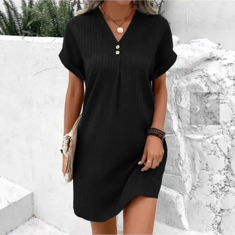 Women's Summer Solid Color Simple Short-Sleeve V-Neck Shirt Dress Comfortable Casual Elegant Loose-Fit Dress with Button Desig