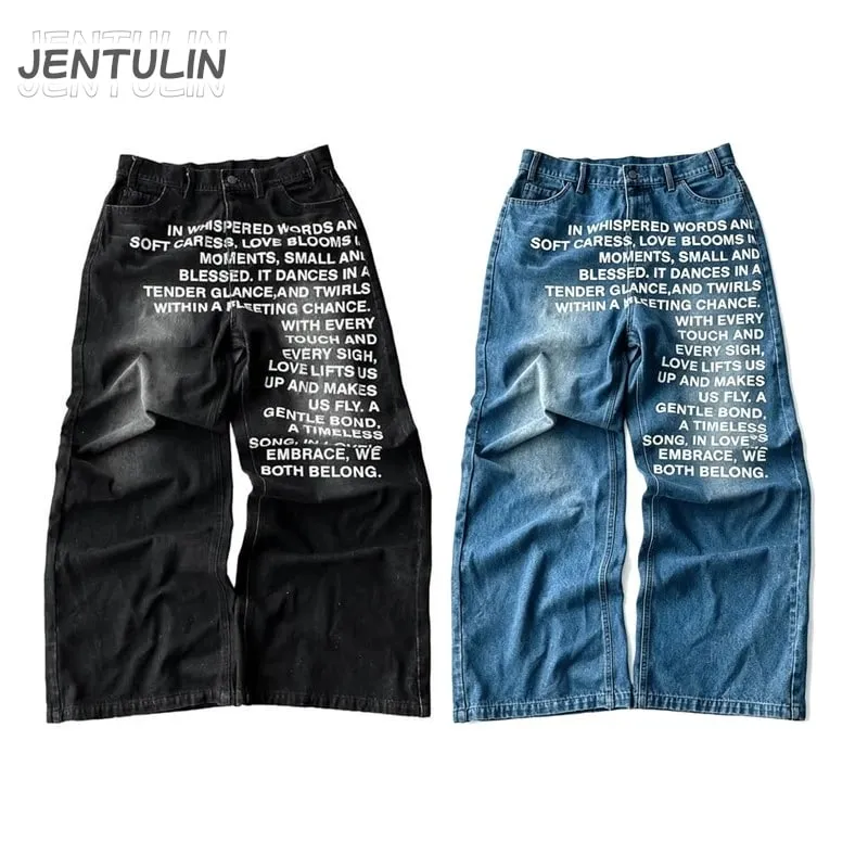 American Retro Men Alphabet Patterned Letter Jeans High Street Clothing Y2K Goth Women Unisex Baggy Casual Wide Leg Mopping Pant — image 2