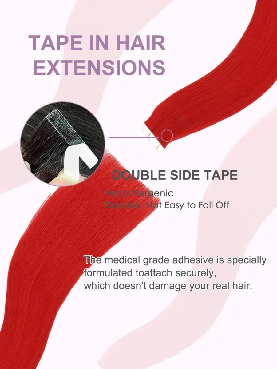 Red Human Hair Tape-In Hair Extensions Brighten Your Hair Color Add Hair Length&Volume or Cosplay Use Hair Extensions 50g 20Pcs — image 3