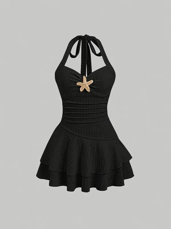 White Halter Neck Mini Dress Women's Ruffled Starfish Embellished Summer Casual Evening Gown