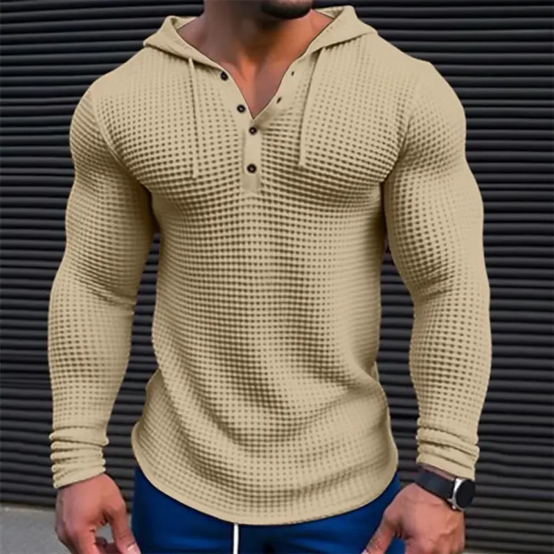 Våren Enfärgad Slim Fit Långärmad T-shirt Herr Huva Andas Sport Topp Våffel Bomull Casual Långärmad Skjorta — image 7
