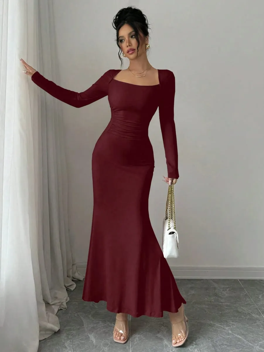 Women's Four Seasons New Style Women's Elegant Temperament Retro Solid Color Square Collar Long Sleeve Dress — image 5