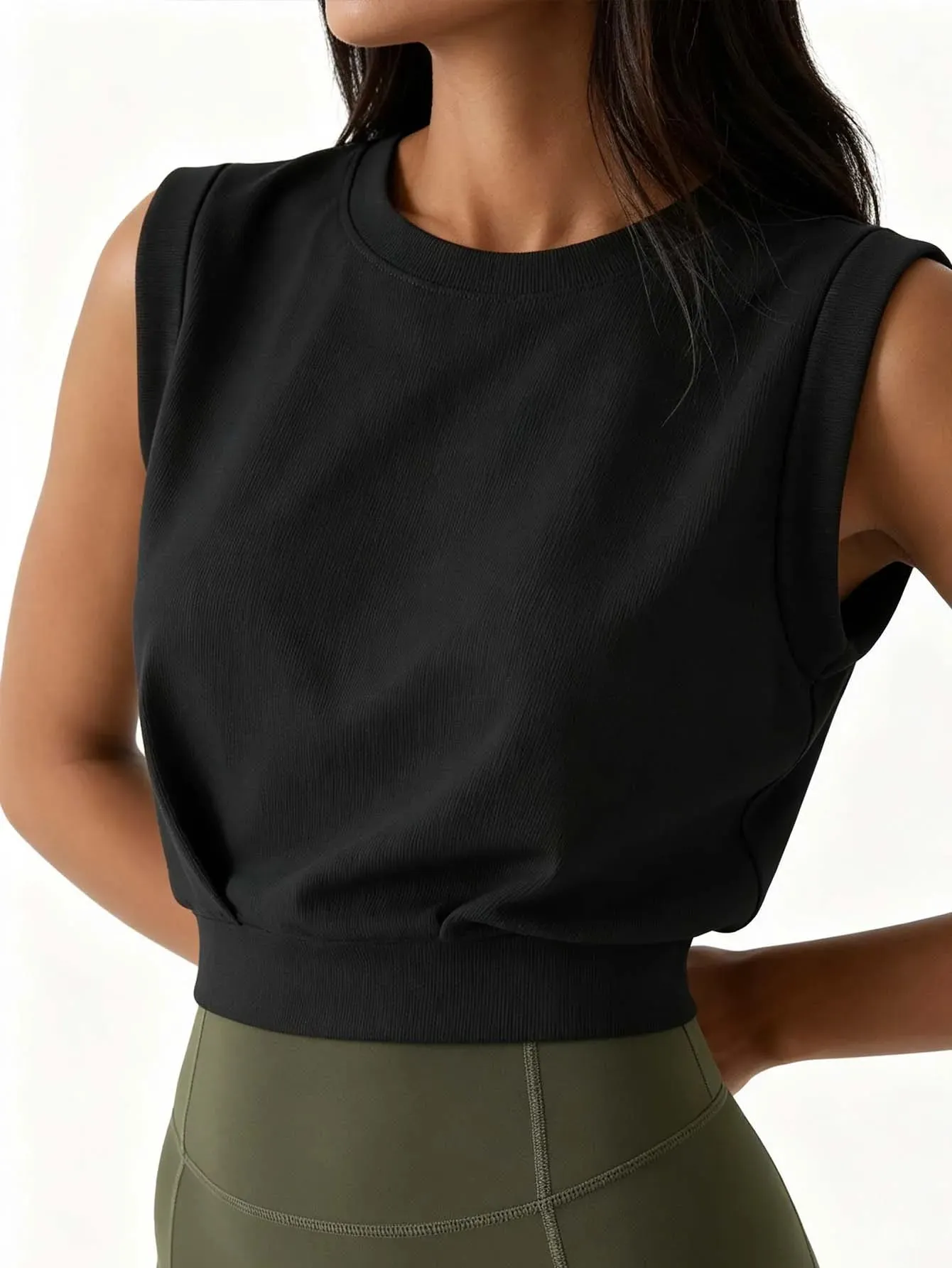 Geripptes, ärmelloses, tailliertes Crop-Top für Damen mit Rundhalsausschnitt, einfarbig, locker sitzendes Sport-Top, lässiges Fitness-Lauf-Yoga-Top — image 5