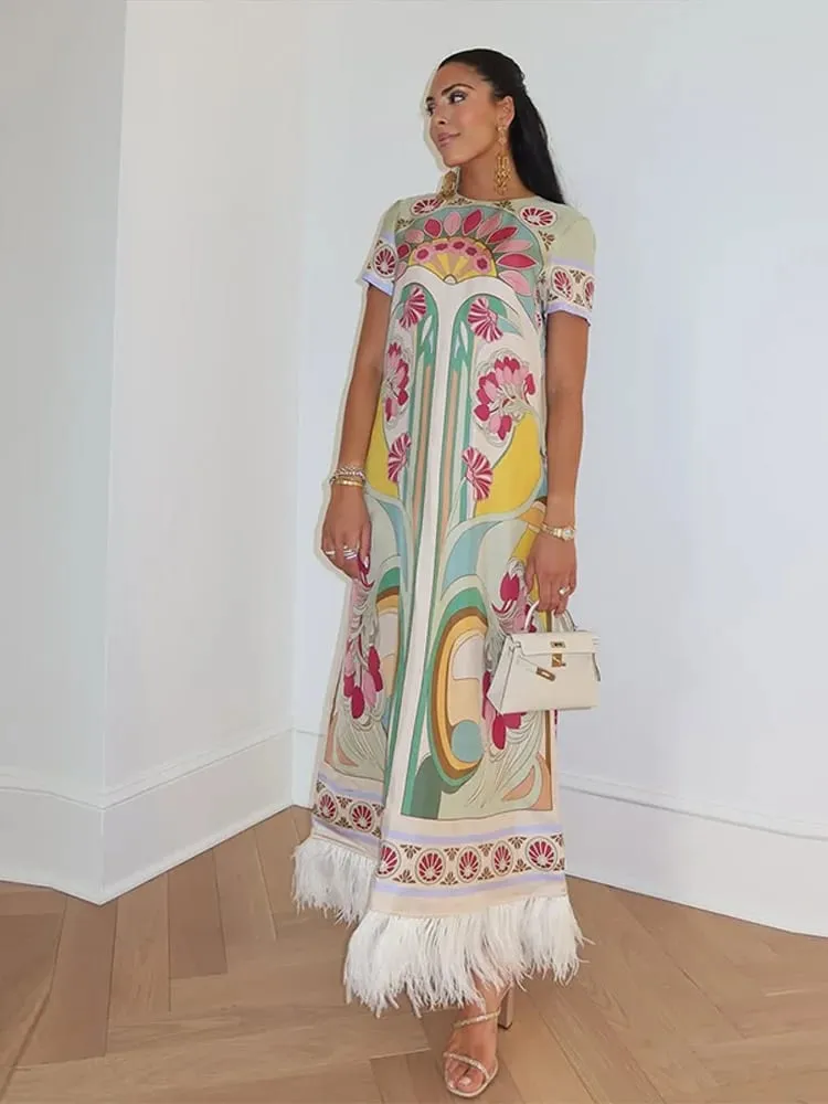 Women Art Floral Print Feather Hem Maxi Dress Short Sleeve Crew Neck Loose Fit Dresses 2026 Summer Fashion Elegant Lady Outwear — image 1