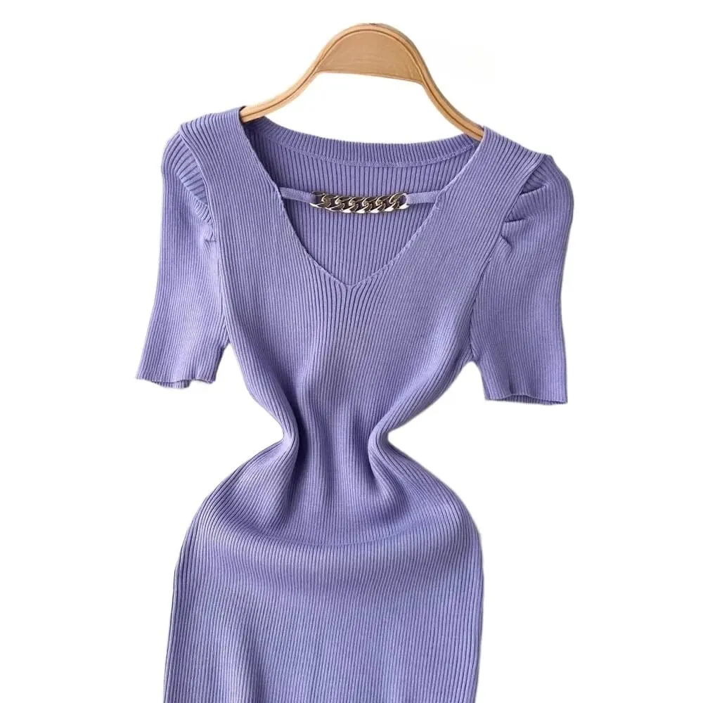 Women's Black Short Sleeve V Neck Cutout Chain Sundress Stretchy Ribbed Knit Bodycon Mini Dress Party Clubwear Dress Outfits — image 6