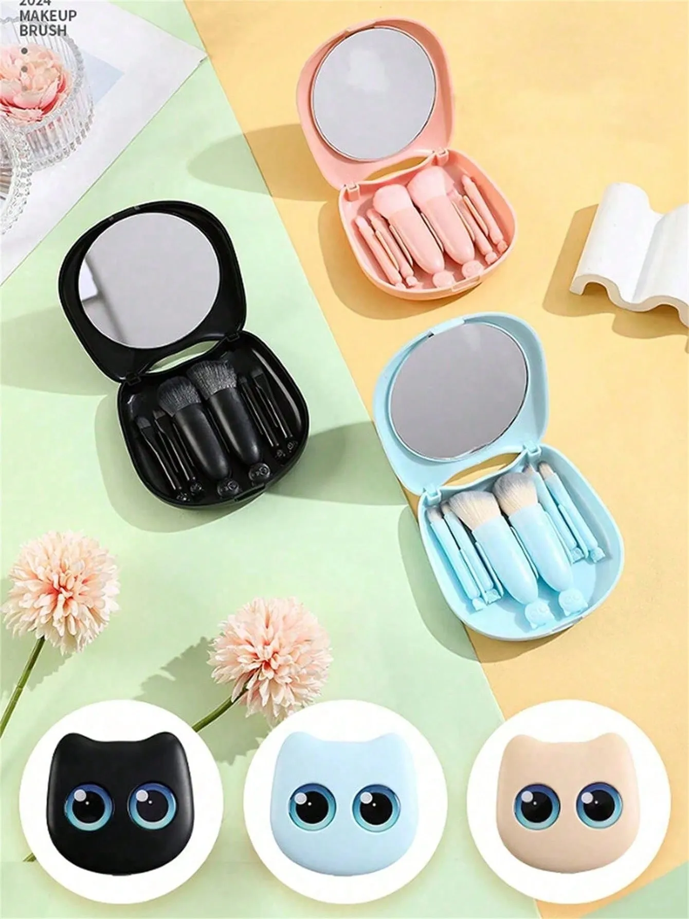 1 Box 6pcs Mini Cute Cat Design Portable Makeup Brush Set - Powder Brush Eyeshadow Brush And Assorted Brushes — image 1
