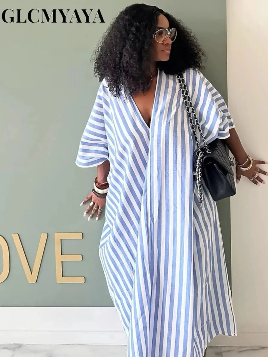 2026 Fall Holiday Half Sleeve Striped Print V-Neck Loose Long Dress Street Africa Women Party Vestidos Dresses Vestidos — image 2