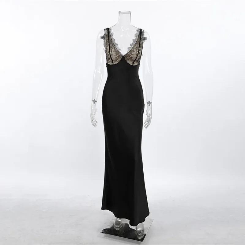 Tossy Lace V-Neck Printed Long Dress Women's Patchwork High Waist Slim Backless Summer 2026 New Dress Female Party Dress Gown