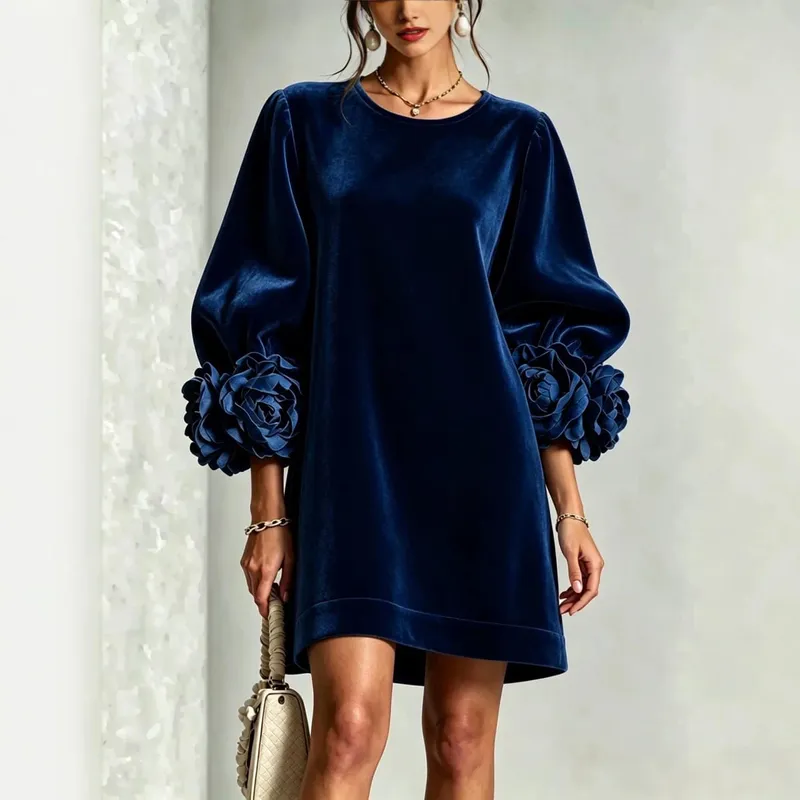 Autumn Winter Women Velvet Mini Dress O Neck Puff Long Sleeve 3D Flower Cuff Decor Loose Casual Hot Hit Fashion Short Dresses — image 9