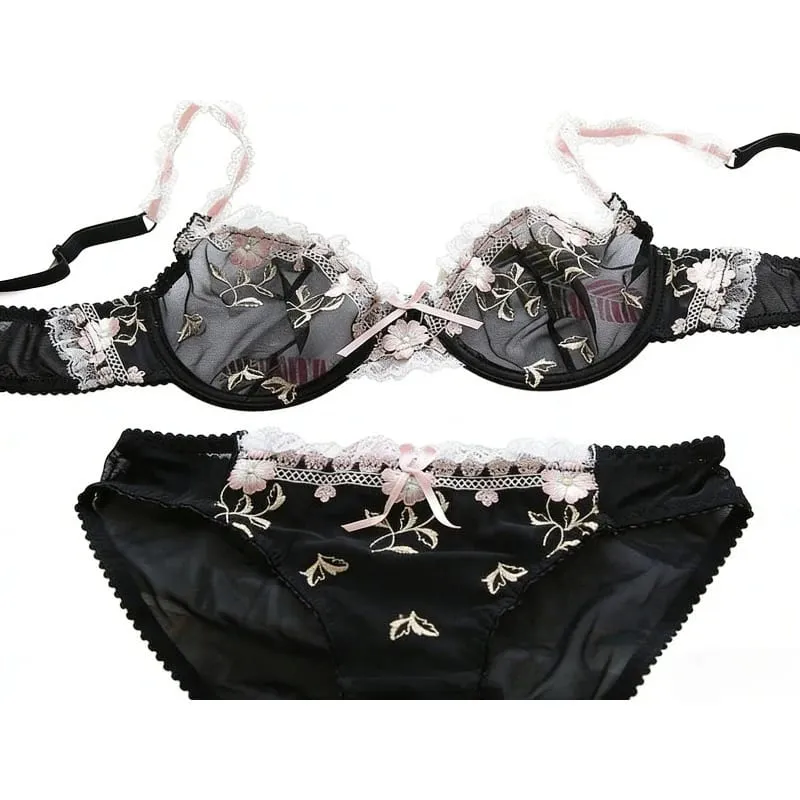 French Style Unlined Bra Set | Minimizer Lace Half Cup for Large Cup Size No Padding Thin Sheer Anti-Sagging Lingerie BANERDANNI — image 2
