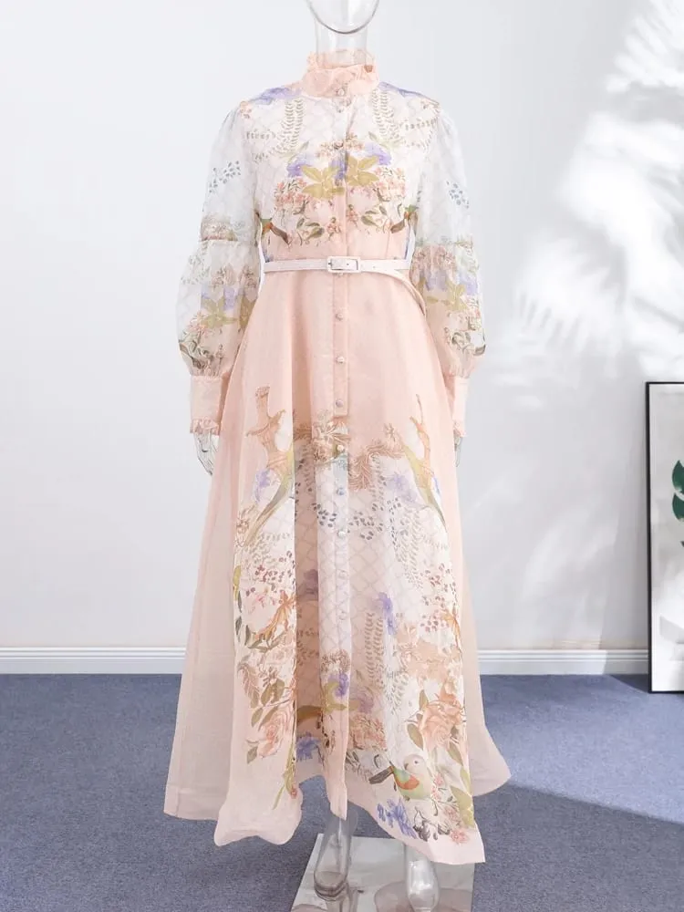 Lace Printed Women's Dress Elegant Half High Collar Loose Sleeve Single Breasted Belt Pambabae Skirt 2026 Summer Lady Draped Robe