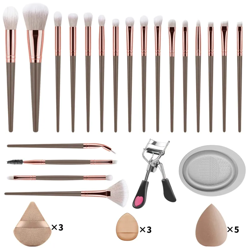 Kit d'outils de maquillage, 33 pièces, 20 pinceaux de maquillage avec bouffée de poudre, bol de nettoyage, recourbe-cils, ensemble de maquillage complet pour les yeux — image 8