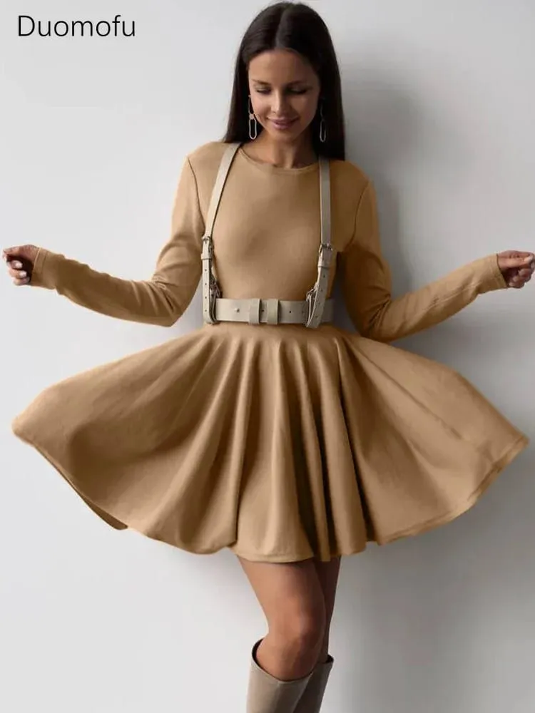 Duomofu Knit Mini Kjoler Kvinder Efterår Vinter Langærmet Sweater Kjole Kvinde Elegant Mode Slim A Line Plisseret Kjole Vestido