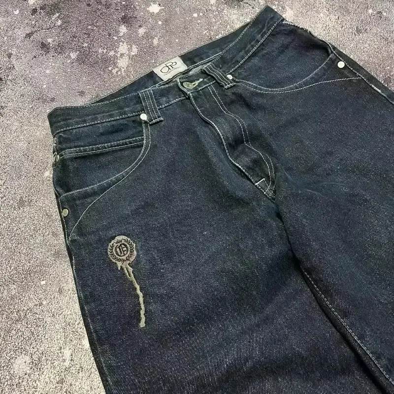 American Y2K Hip Hop Fashion Trend Skull Embroidery Spot Jeans Men Street Loose Straight Wide-leg Pants Couple Oversized Jeans — image 5