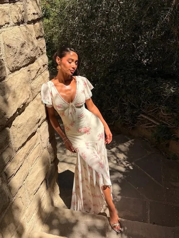 V-neck Organza Floral Chiffon Puff Sleeve Slit Long Dress Bodycon High Slit Bodycon Sexy Dresses Lady Chic Daily Sweet Date Robe — image 8