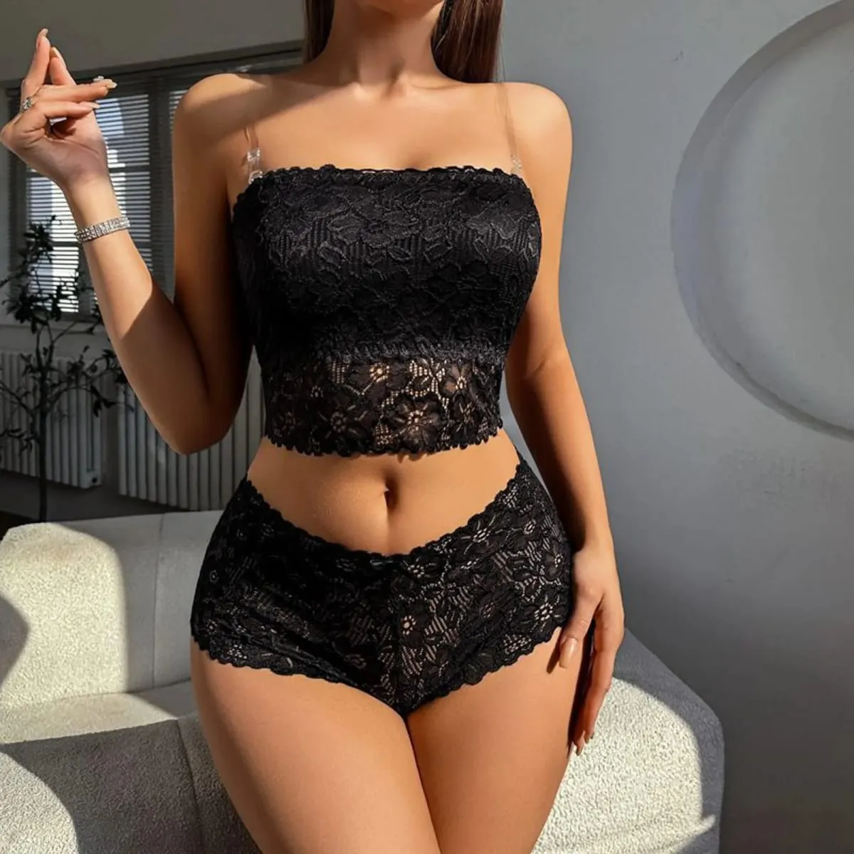 Women Wireless Hollow Out Backless Lace Bra Set Spaghetti Strap Elegant Lace Panties Soft Underwear Women Lingerie Set — image 4