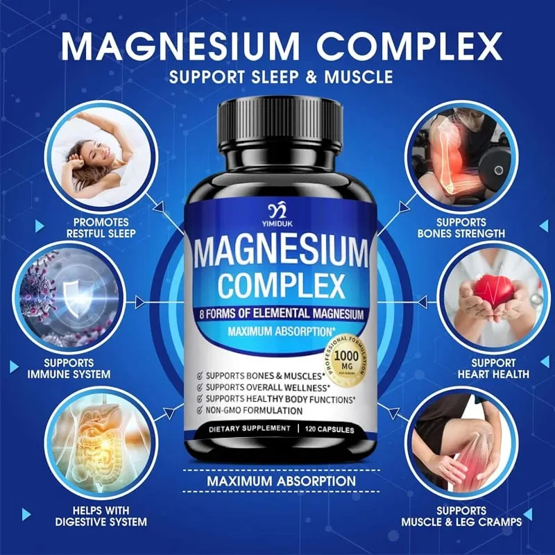 Suplemen Magnesium Kompleks 1000mg -Magnesium Glisinat Sitrat Malat Taurat Chelated untuk Energi Pemulihan Otot Tulang — image 3