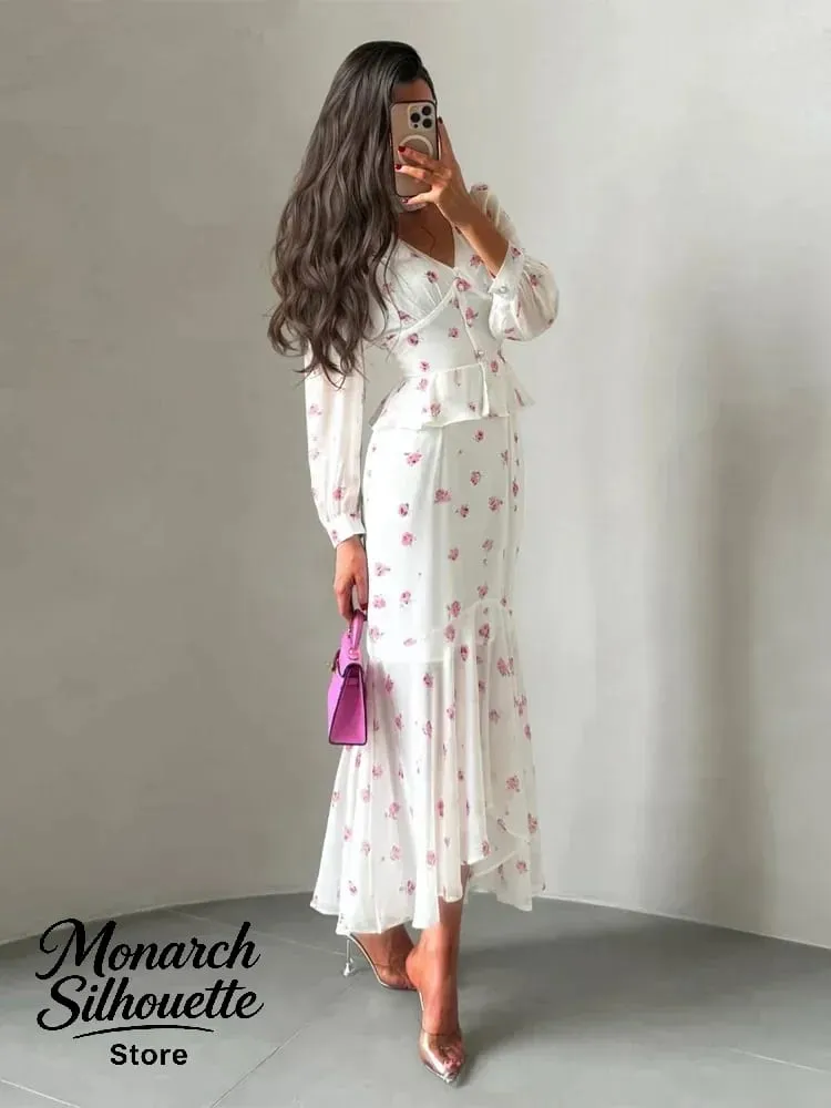 White Pink Floral Choker Neck Dress Women Elegant V-neck 3/4 Sleeves Peplum Ruffle Hem Long Dresses 2026 Lady Daily Vestidos New — image 4