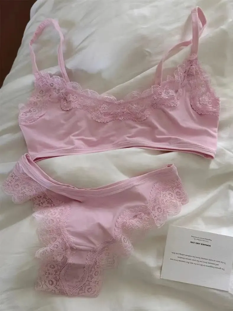Pink Lace Bra Set Woman Adjusted-strap Seamless Bras+sexy Low Waist Panties Solid Simple Sweet High Elasticity Lingerie Sets New