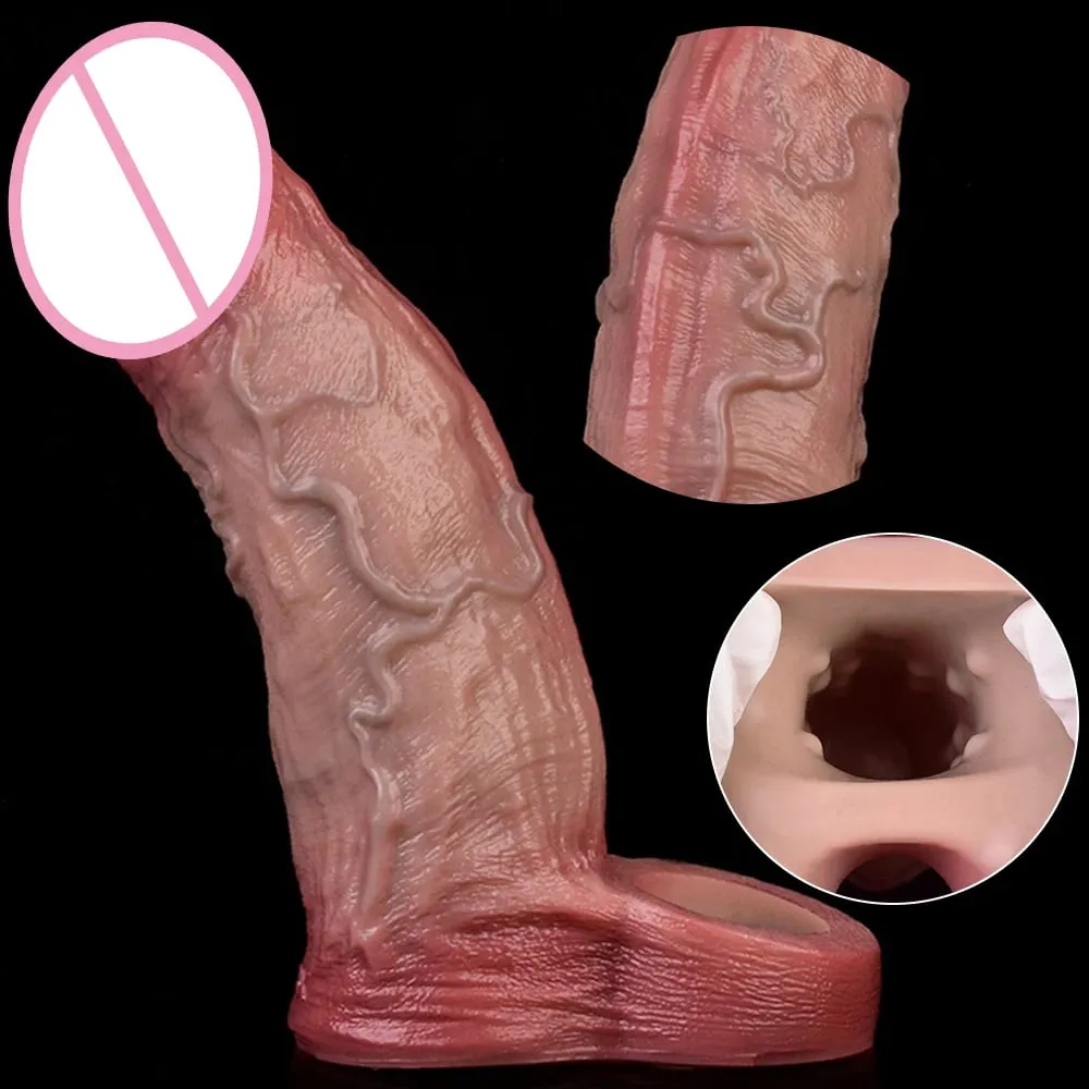 Ultra Realistic Vibrating Penis Sleeve Soft Silicone Hollow Cock Extender Vibration Adult Toy For 18+ Couples Sex Pleasure