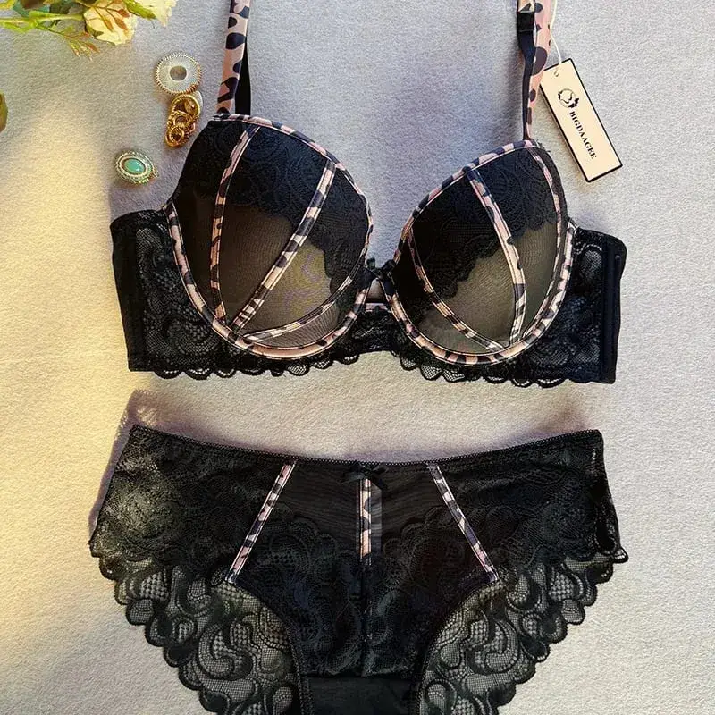 Sexiga kvinnor Push Up BH Europa 3/4 kopp Spets Blommor Broderi Underkläder Set Leopard Bandage Justerbar rem BHar Plus Size BCDE — image 3