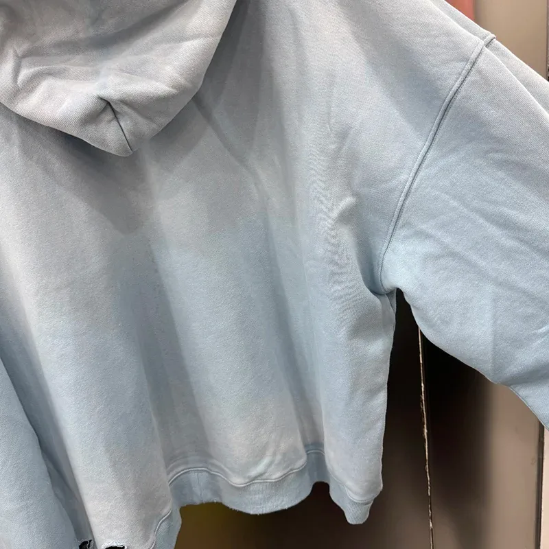 Light Blue PALY Letter Crystal Hoodie Ripped Washed Fashion Patch High Street Casual Men Women 1:1 Zipper Sweatshirts — image 17
