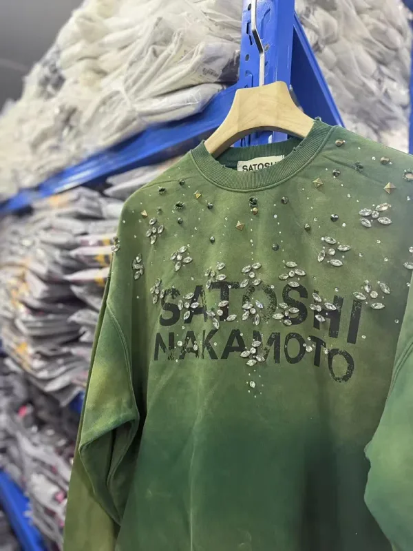 Letters Logo Rhinestone Rivet Satoshi Nakamoto Sweatshirts Men Women Streetwear Vintage Washed Charcoal Gray Green Pullovers Tag — image 16