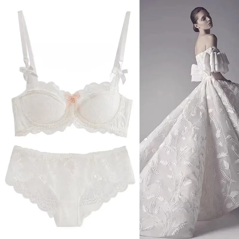 Modest French Pure Desire Bralette AB Cup Full Coverage Lace Bra & Set Small Bust Push Up Wireless for Chubby Girl Bow Plus Size