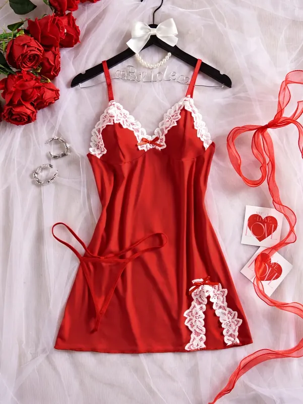 Conjunto de lingerie feminina, camisola de renda, roupa de dormir sólida, slim, macia, roupa de dormir e tanga — image 10