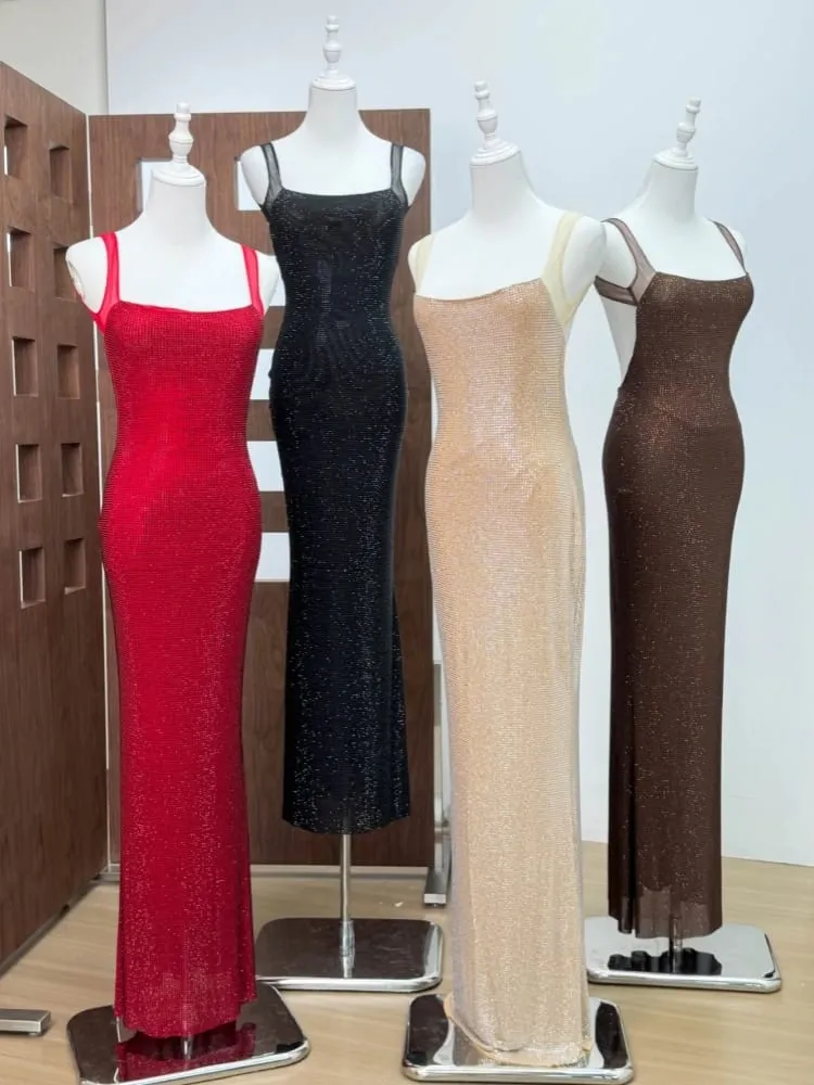 Sexy Square Collar Mesh Patchwork Diamonds Long Dress Women Backless Shiny Rhinestone Slim Dresses Evening Party Cocktail Gowns — image 7