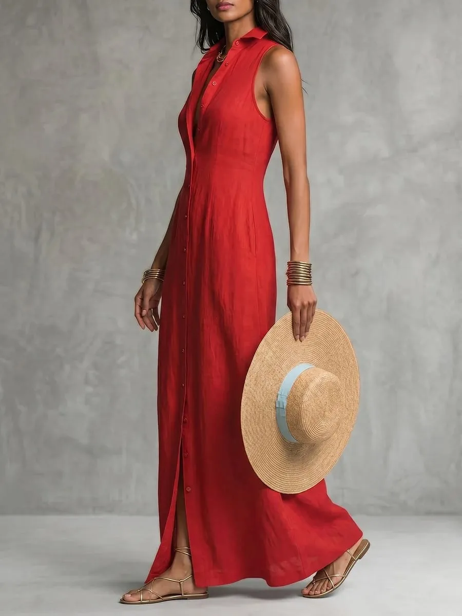 Freeacy Women Sleeveless Shirt Collar Maxi Dress 2026 Summer Solid Red Button Front Slim Fit Cotton Blended Vacation Dresses — image 2