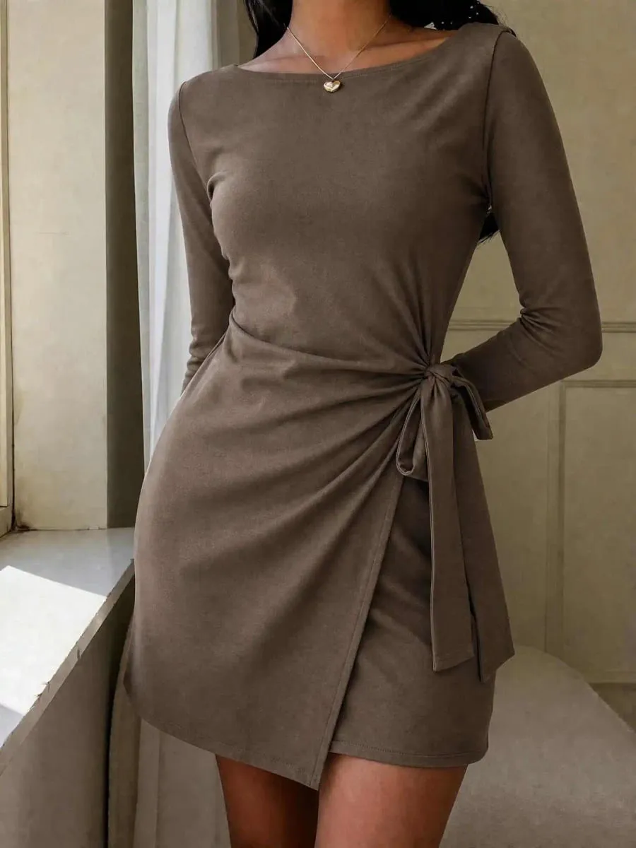 Solid color casual elegant knotted drawstring cross vacation,Women Mini Dresses,fall dresses for women — image 3