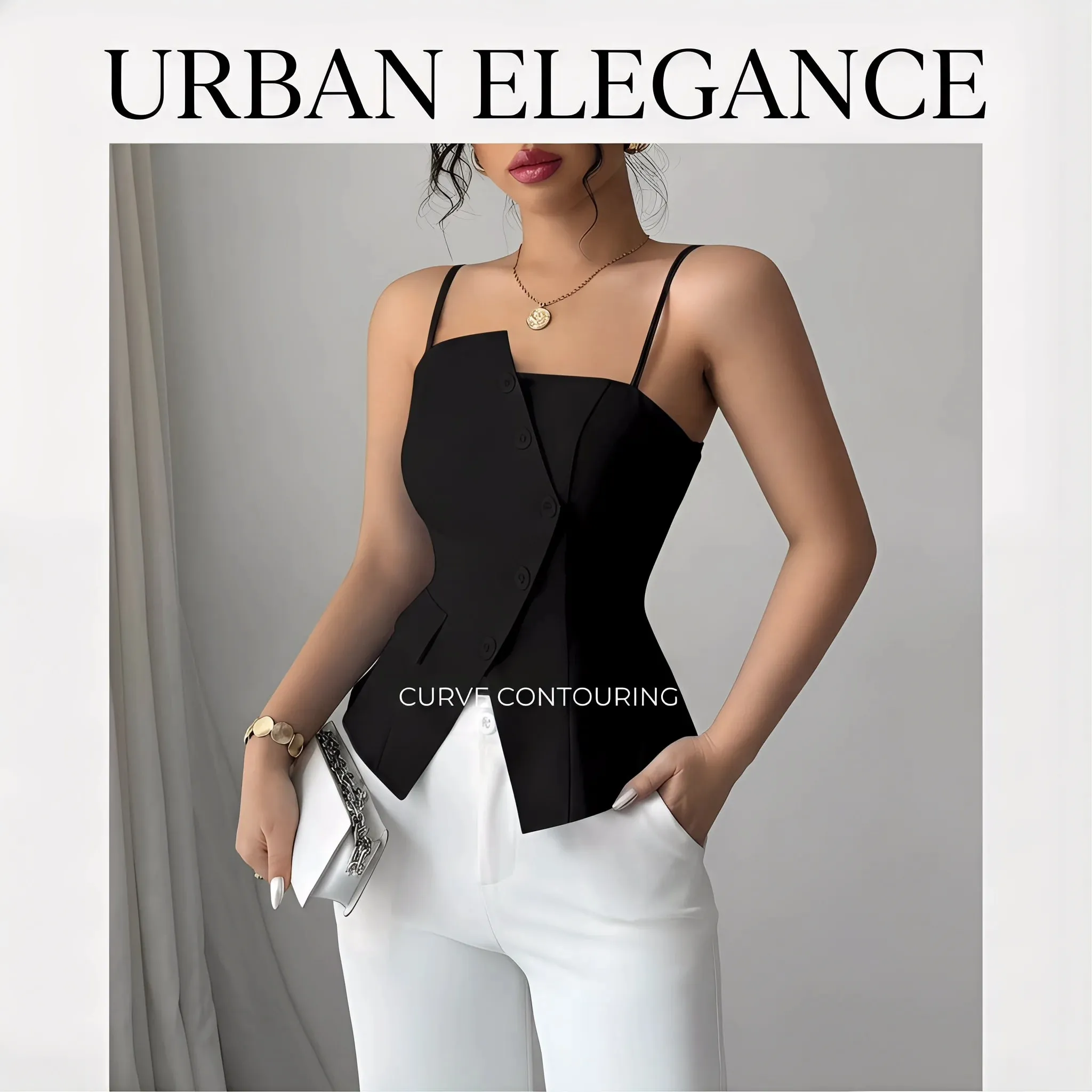 Womens Cami Top Thin Strap Asymmetric Button Cami Top Button Blazer Vest Fit Elegant Chic Apparel Tops Spring Summer Daily Shirt — image 8