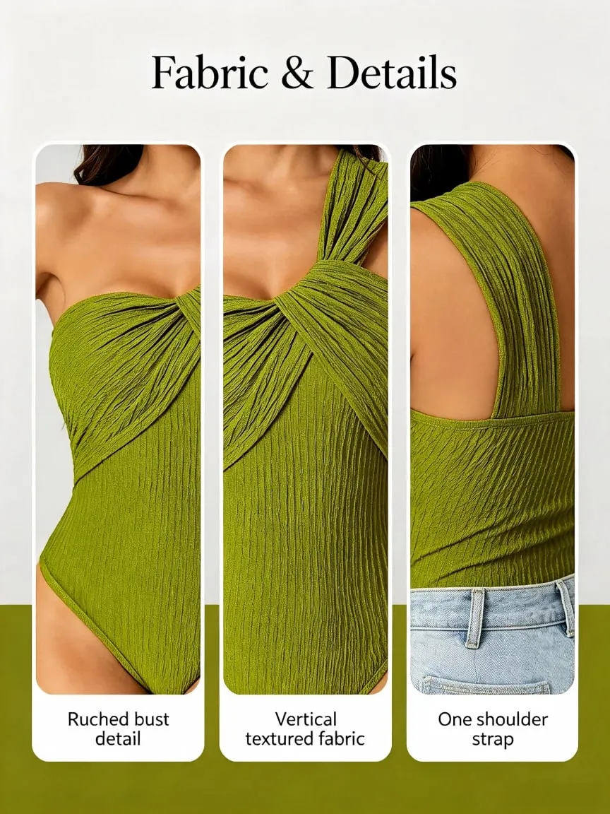 Women One Shoulder Twist Bodysuit Textured Crinkle Fabric Sleeveless Slim Fit Party Club Jumpsuit Top Green — image 7