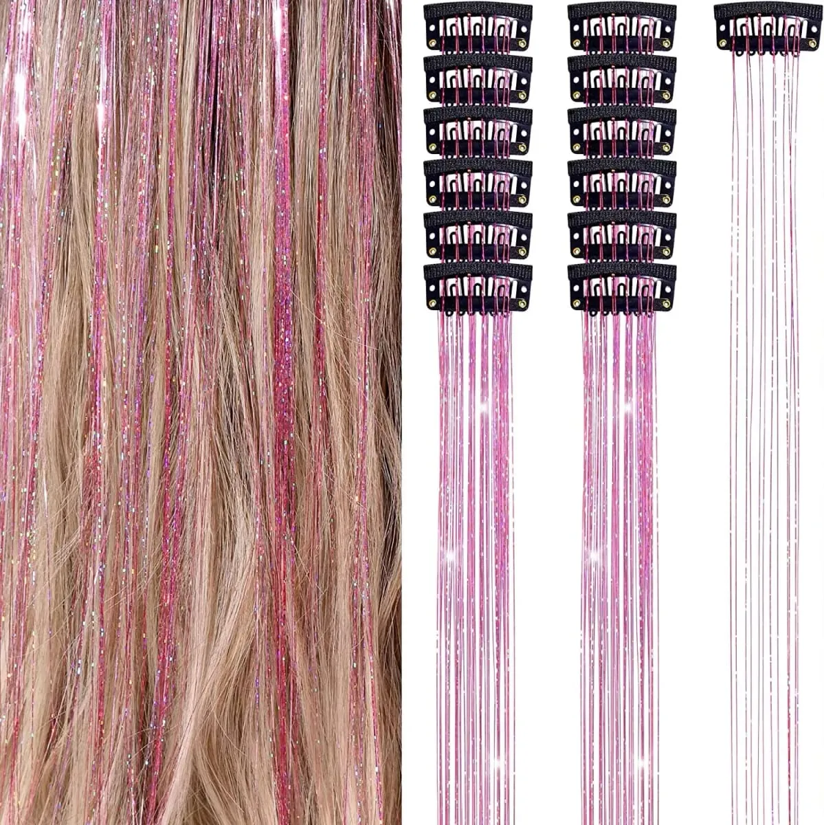 6Pcs Hair Tinsel Clip in Hair Extensions 20 Inch Synthetic Colorful Shiny Sparkle Glitter Tinsel Hair for Women Girls Cosplay — image 4