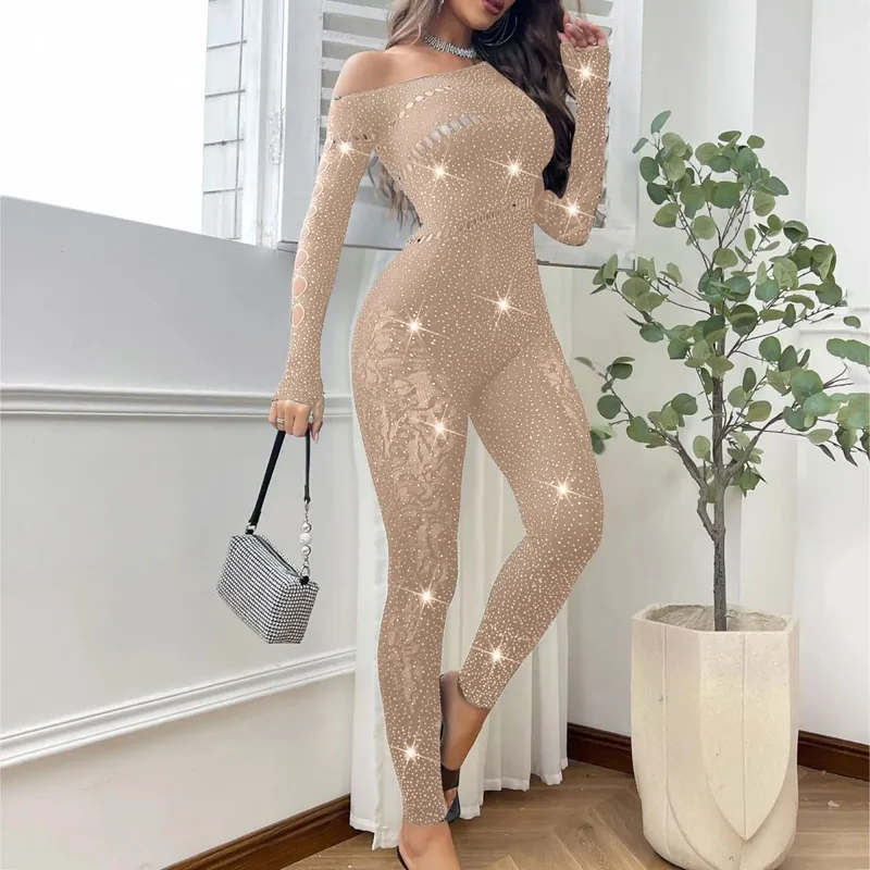 Women Sexy Mesh Rhinestone Jumpsuit Long Sleeve See Through High Stretch Body Stockings Jumpsuit Club Plus Size Stock Lingerie