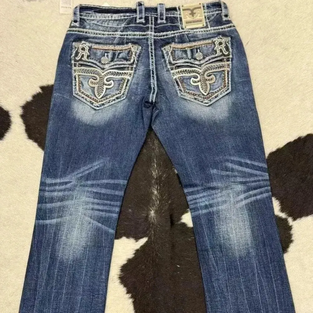 Retro trendy brand washed high elastic wide leg flared jeans Y2K summer blue embroidery American Gothic new fashion heavy street — image 4