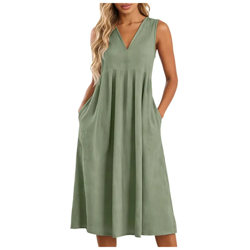 Women Sleeveless Linen Midi Dress Loose V Neck Summer A Line Sundress Lightweight Casual Swing Tank Dresses With Side Pockets