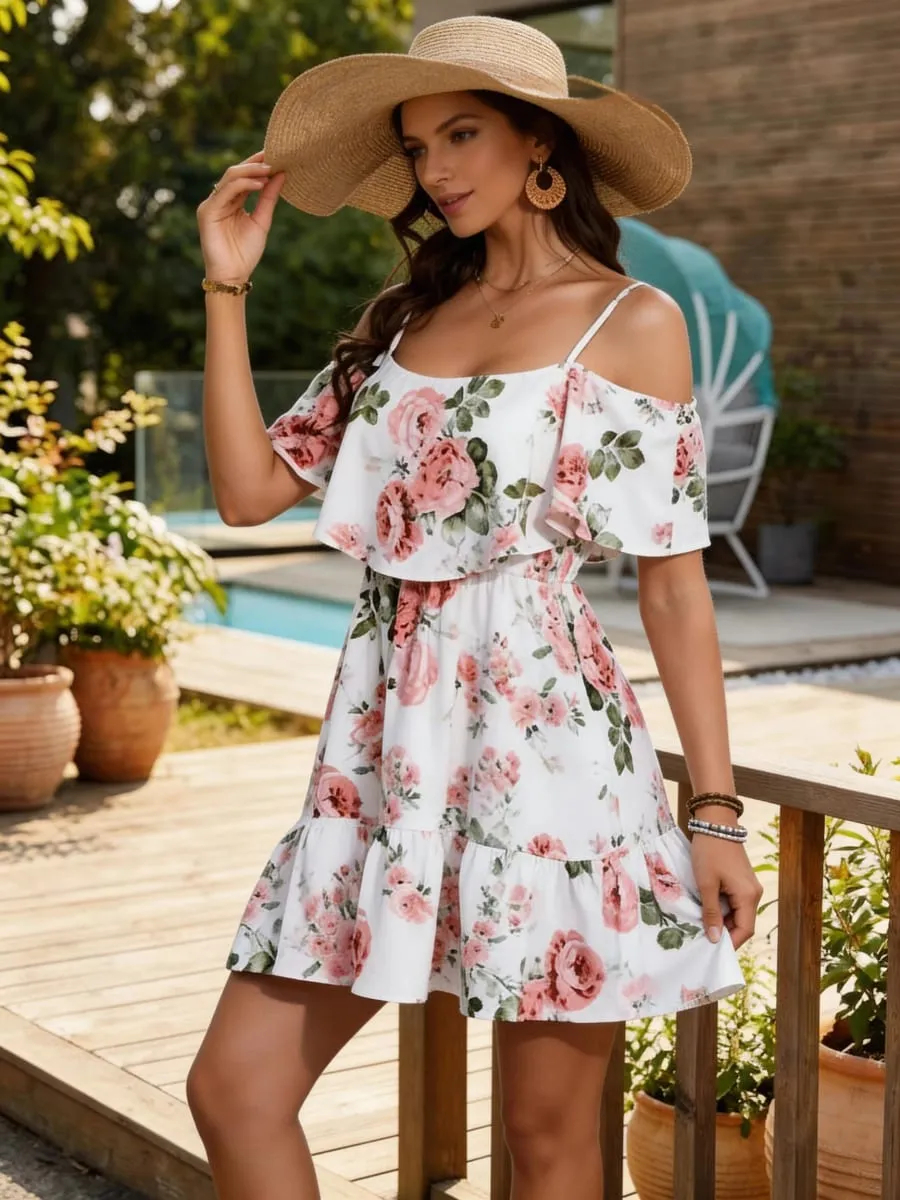 Women's European-Style Floral Print Dress Sleeveless Halter Top with Ruffled Edges Short Skirt for Summer — image 3