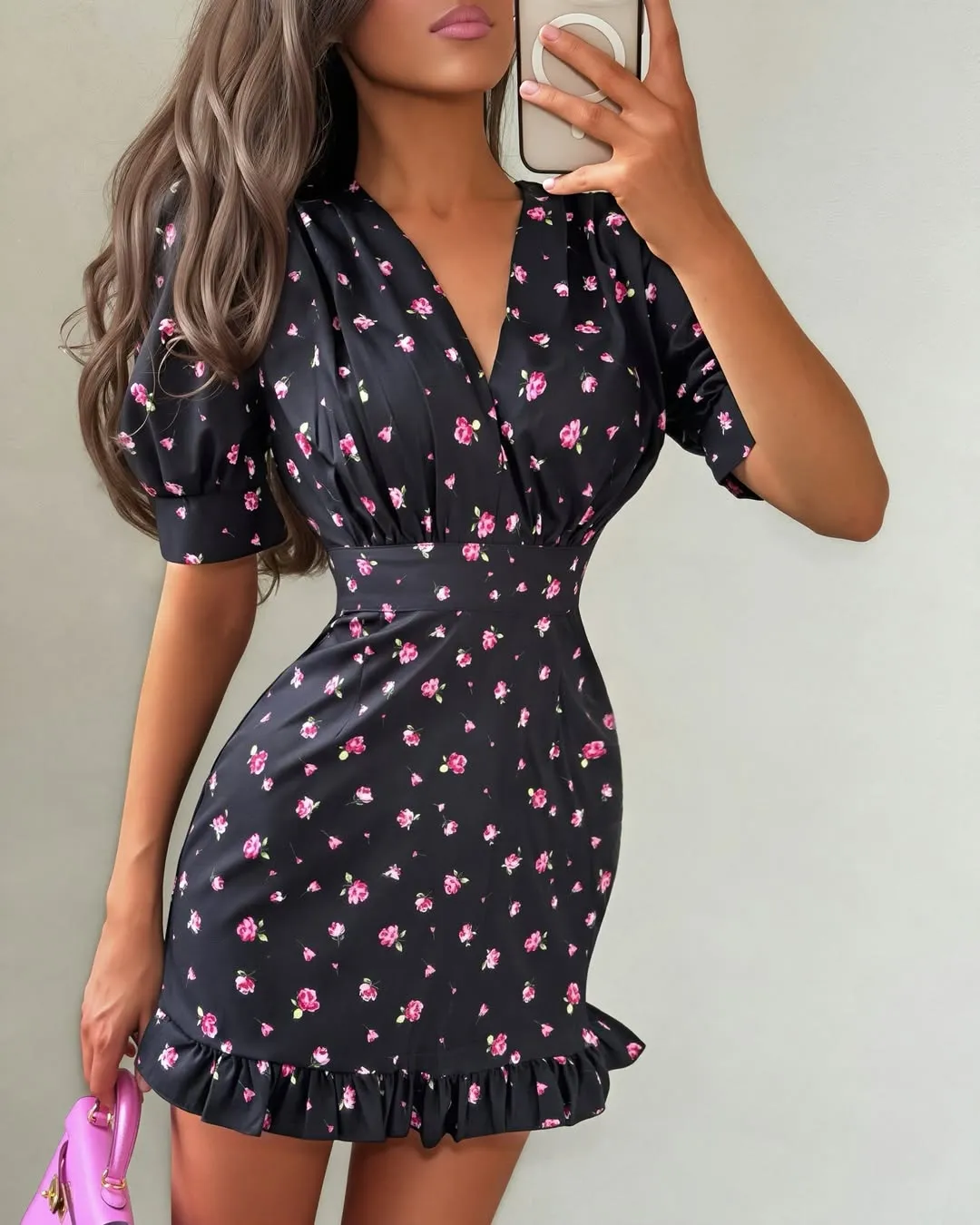 Elegant Floral Printed Mini Dress Women V-neck Short Sleeves Waist Cinching Ruffle Hem Dresses 2026 Lady Summer Vacation Robe — image 3