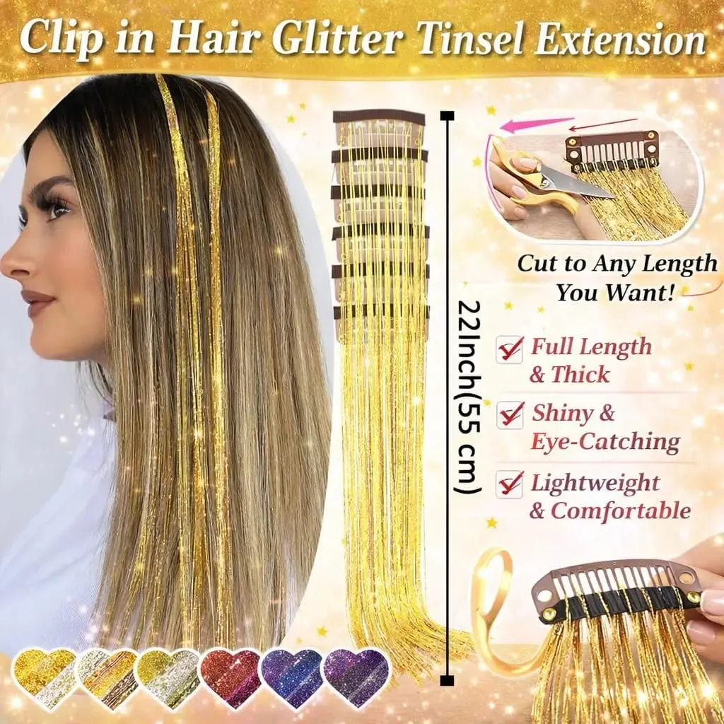 Hair Tinsel 12pcs Shiny Hair Metal Ribbon Clip Wig Piece Glitter Ribbon In Hair Party Focus Delicate Eye-Catching Gift Synthetic — image 3