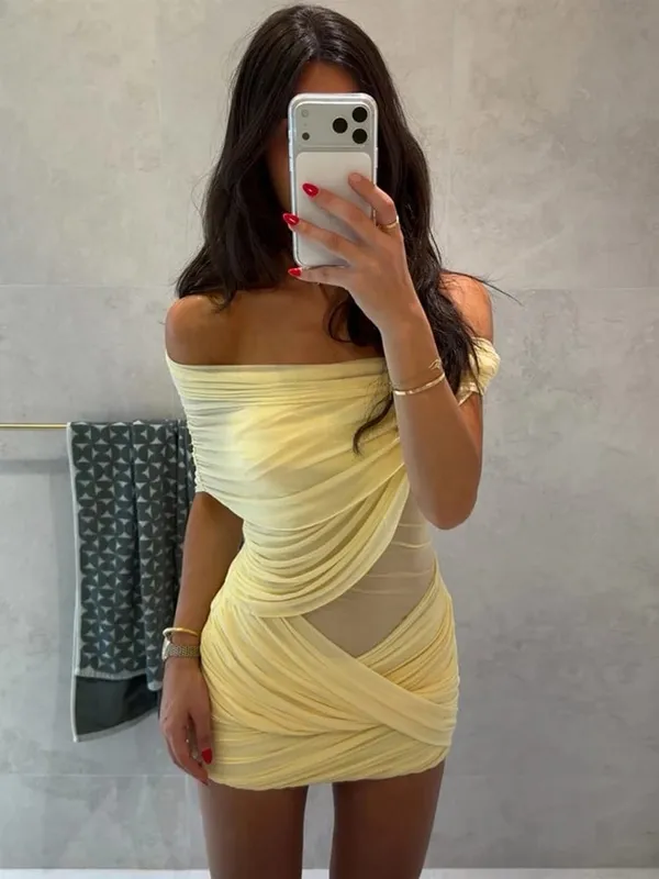 Elegante amarelo sem alças plissado vestido longo feminino chique sólido sem mangas cintura cinching split vestido 2026 senhora festa de noite robes — image 13