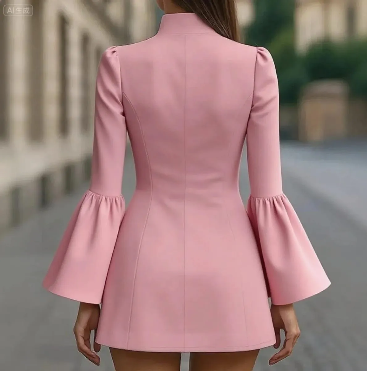 Autumn temperament slim solid colour stand-up collar flared sleeve single-breasted suit dress — image 4